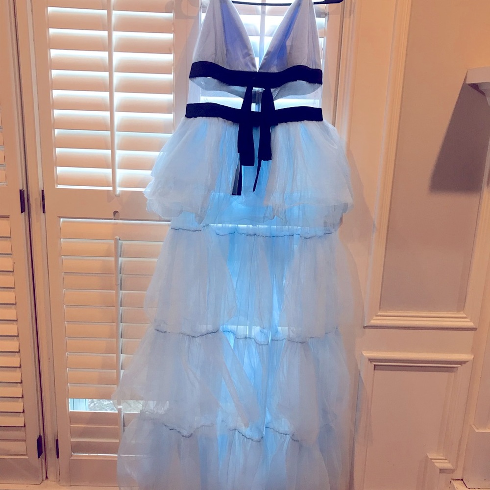 Baby blue Open front Tulle maxi gown with black velvet trim and adjustable strap